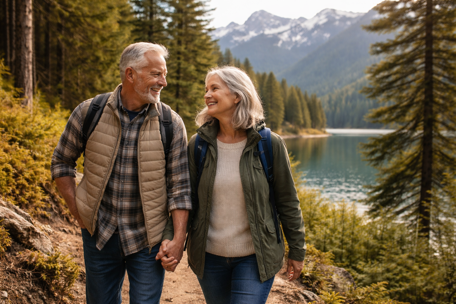 Retired couple by a mountain lake